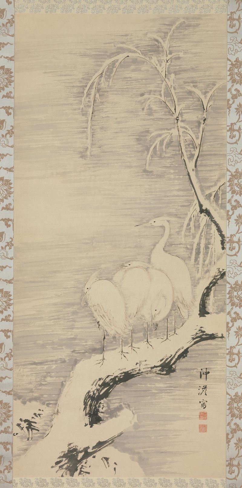 Herons in the Snow by Nakabayashi Chikutō, Ukiyo-e, herons standing in a snowy landscape.