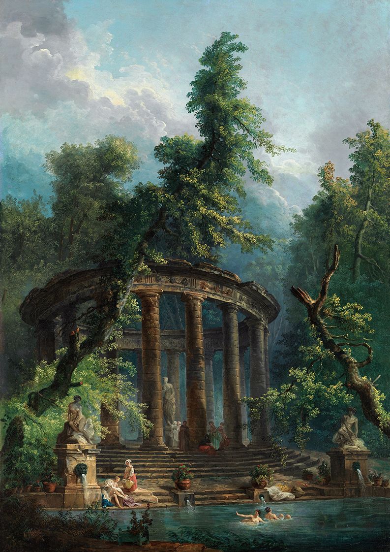 El estanque de baño de Hubert Robert, pintura al óleo rococó que muestra ruinas y follaje exuberante reflejado en el agua.