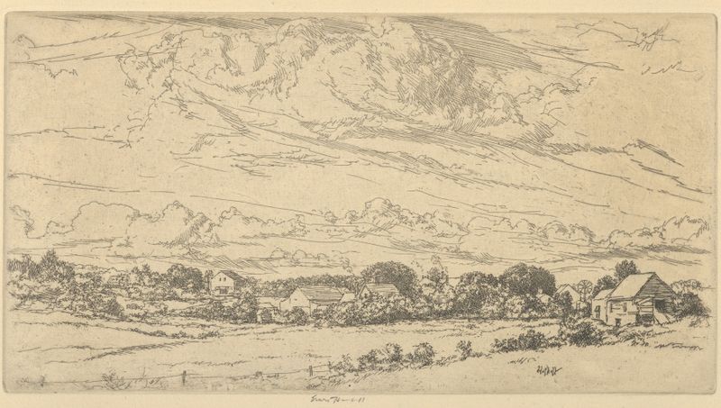 Acuarela de Ernest Haskell que representa un paisaje tranquilo con verdes suaves y un cielo suave.