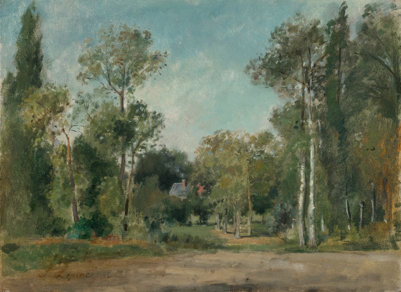 Paysage boisé by Stanislas Lépine, oil on canvas depicting a tranquil forest with dappled sunlight.
