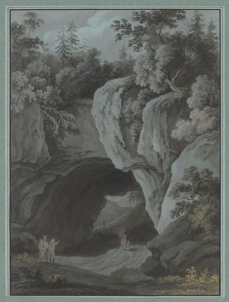 Landschaft mit Felsentor de Adrian Zingg, pintura a óleo que retrata formações rochosas e um horizonte enevoado.