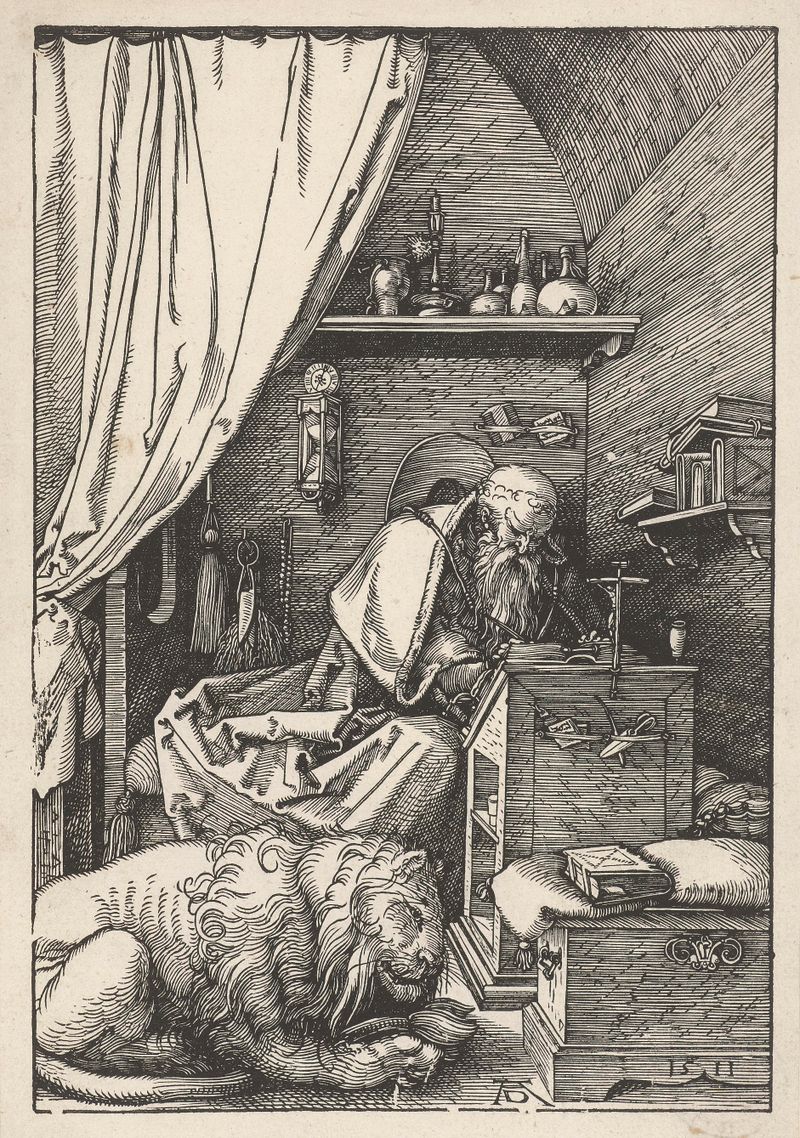 Saint Jerome studying in his room, paper artwork by Albrecht Dürer