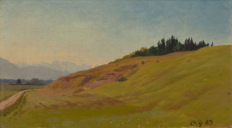 Voralpenlandschaft by Viktor Paul Mohn, oil on canvas depicting misty mountains and rolling hills.