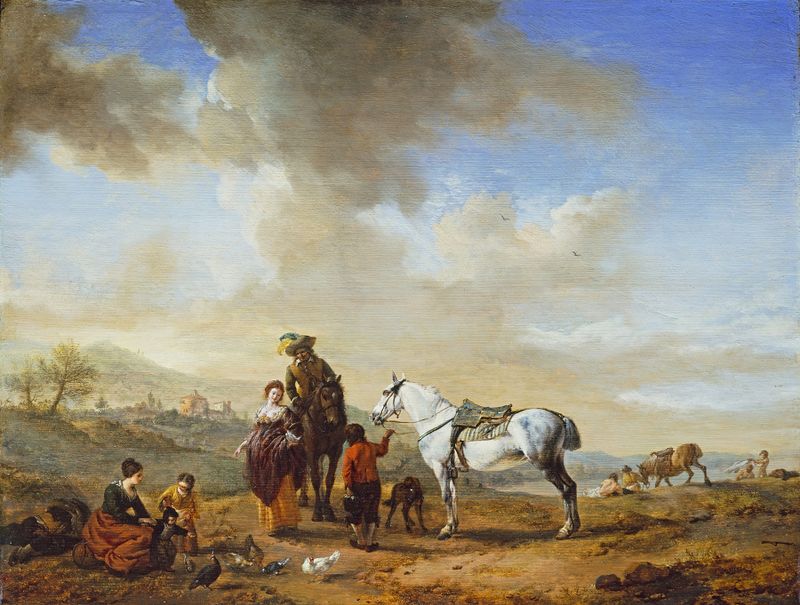 Idyllic landscape with figures by the river, oil on canvas by Philips Wouwerman
