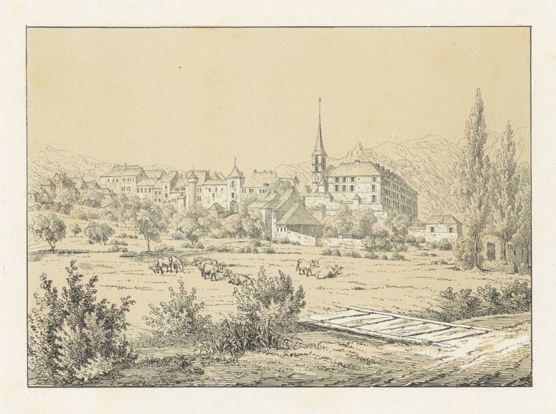Landscape depicting a village by a river, oil painting by Johann Friedrich Wagner