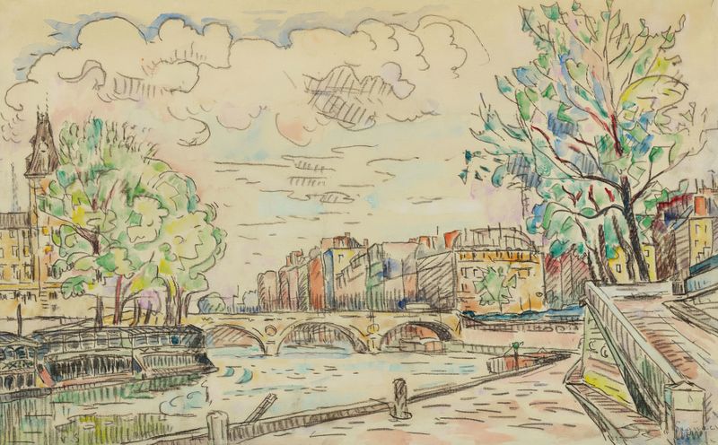 Pintura al óleo de Post-Impresionismo de Paul Signac que representa un puente sobre un río en París