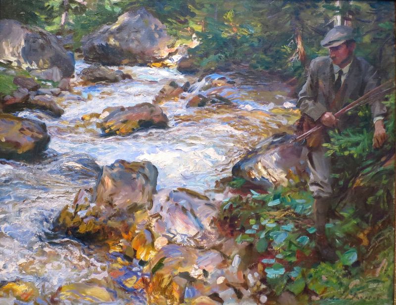 Trout Stream in the Tyrol de John Singer Sargent, óleo sobre lienzo que muestra un arroyo tranquilo y un paisaje exuberante.
