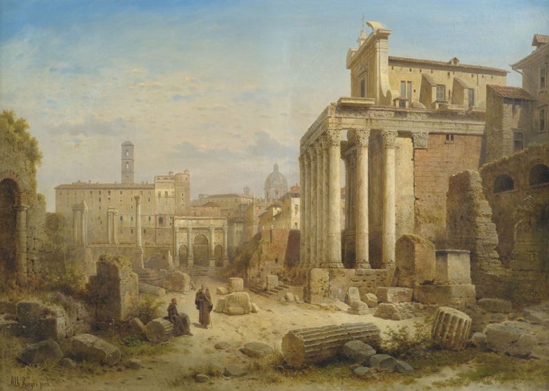 Blick auf das Forum Romanum, oil on canvas by Albert Rieger, featuring ancient ruins and architecture.