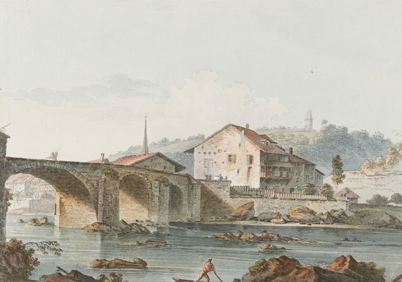 Vue d’un pont à Fribourg by Joseph Emmanuel Curty, oil painting depicting a bridge reflection in water.