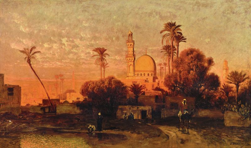 Scene at dusk in Cairo, oil on canvas by Edmund Berninger, featuring ancient structures and twilight colors.