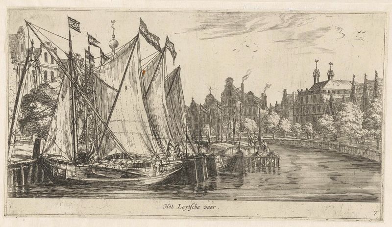 Het veer naar Leiden, grabado de Reinier Nooms, que muestra barcos en un río con velas iluminadas.