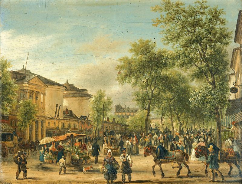 Pintura al óleo de Giuseppe Canella que muestra un atardecer sobre el boulevard Montmartre