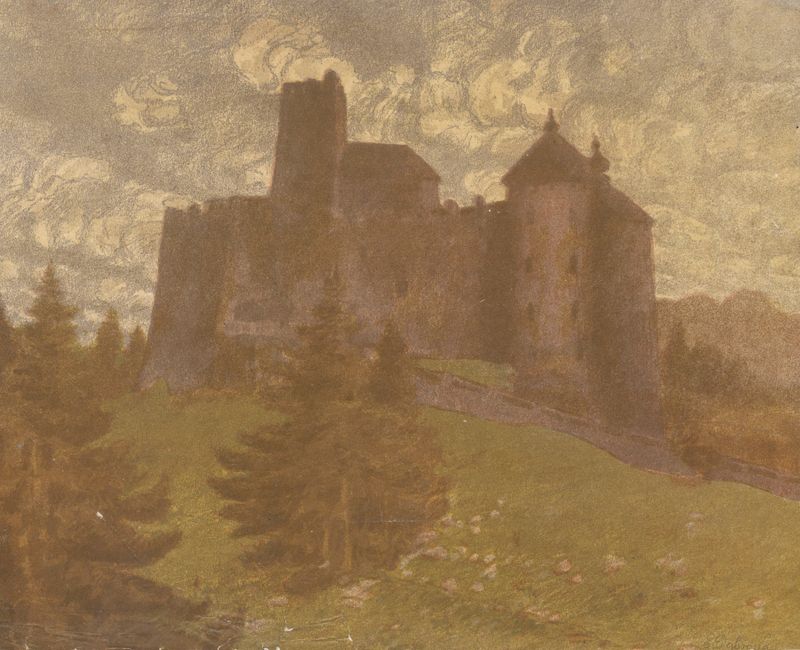 Paisaje expresionista de Eugeniusz Ludwik Dąbrowa-Dąbrowski, que representa un castillo entre formas en espiral.