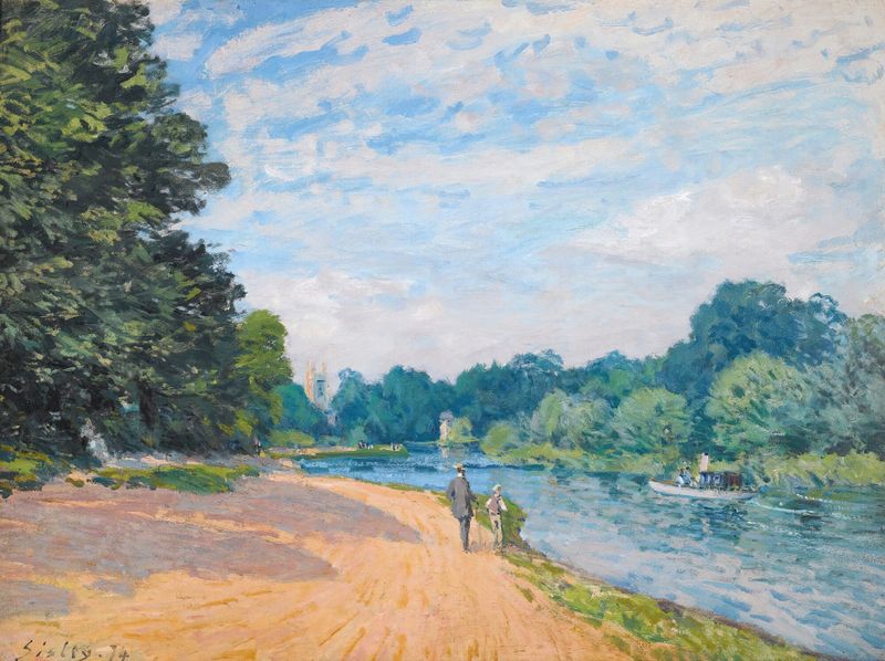 Paisaje del Támesis con la iglesia de Hampton, pintura al óleo de Alfred Sisley