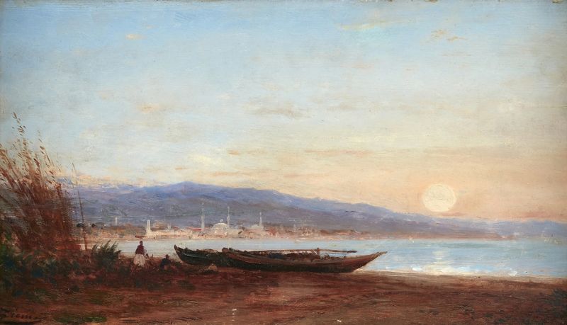 On the Bosphorus de Félix Ziem, óleo sobre lienzo que representa agua tranquila y reflejos de luz.
