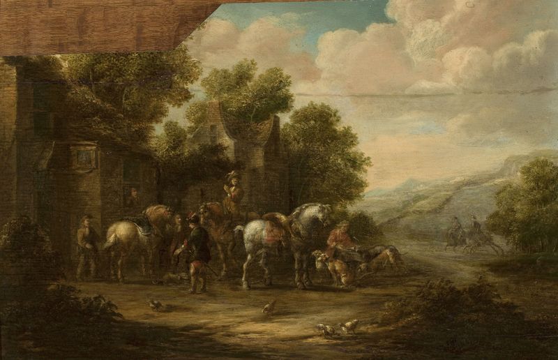 Landscape with horsemen de Eise Aetes Ruytenbach, óleo que muestra jinetes en un paisaje exuberante.