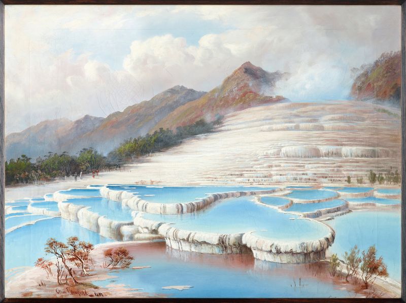 White Terraces by Charles Blomfield, oil on canvas depicting gentle terraces and luminous light.