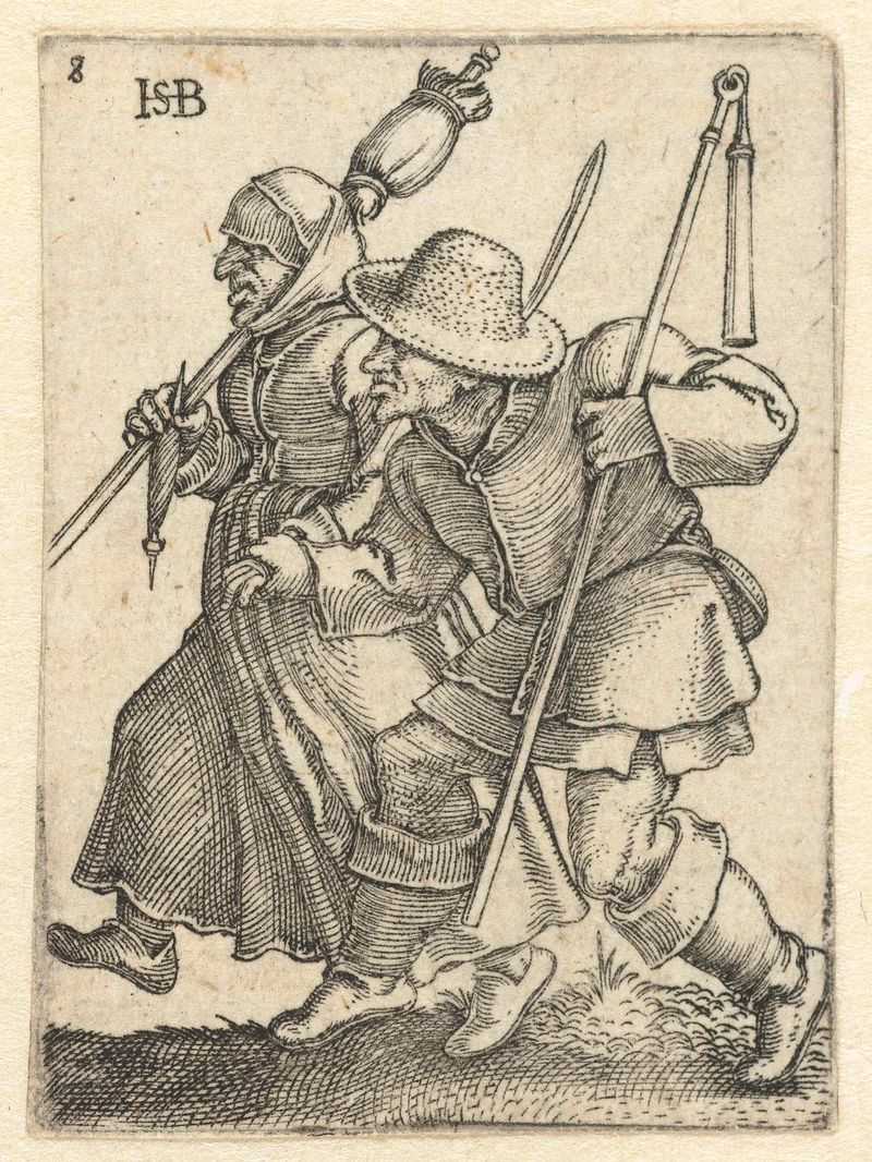 Grabado de Hans Sebald Beham que representa a una pareja de campesinos bailando.