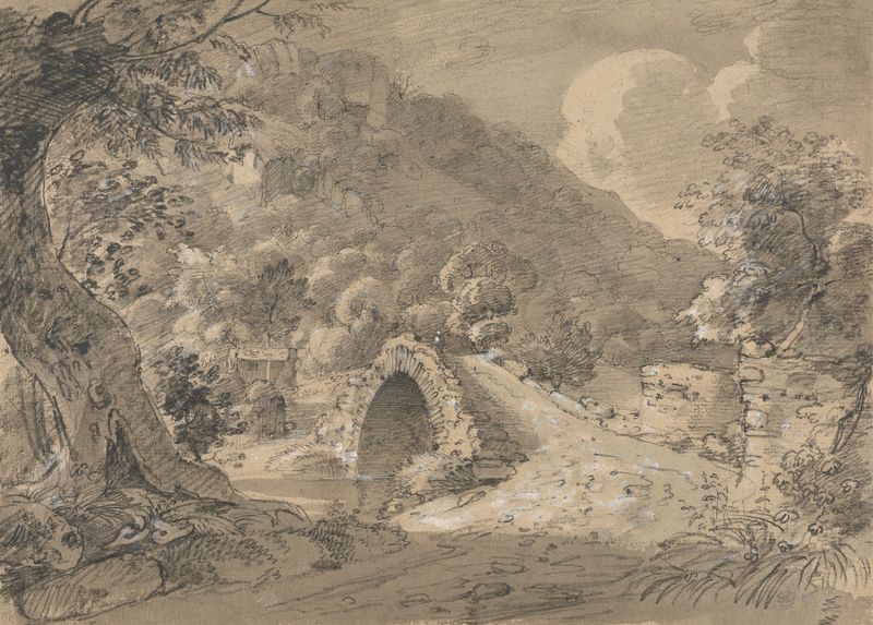 Paisaje montañoso con un puente y una casa, óleo sobre lienzo de Isaac Weld