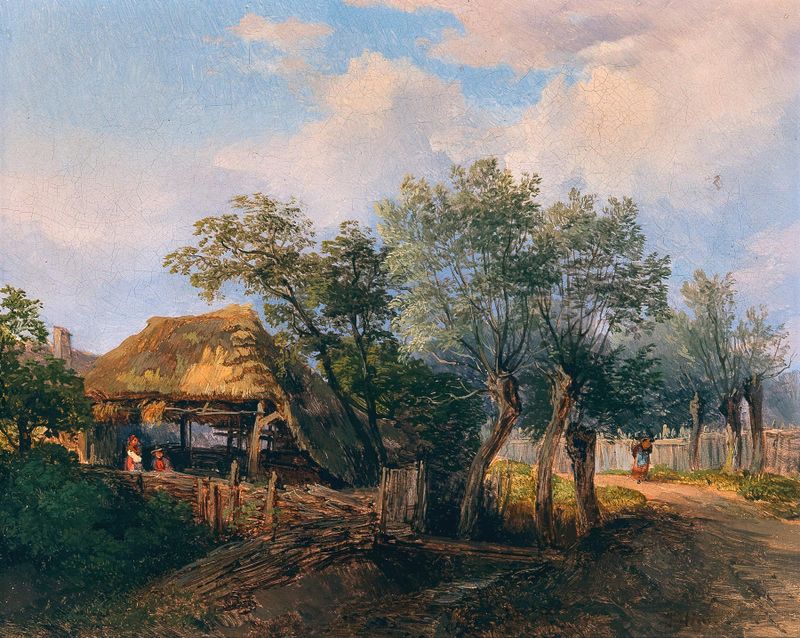 A Village Idyll by Josef Höger, depicting a serene landscape with golden fields and sunlight.