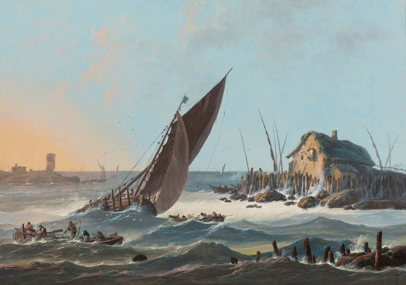Oil painting by Jean-Baptiste Pillement depicting ships and turbulent waves in a rough sea