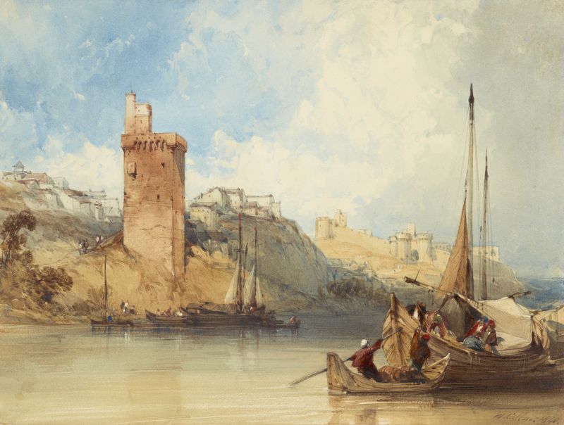 Villeneuve lez Avignon de William Callow, aquarela sobre papel que retrata suaves colinas e um céu suave.