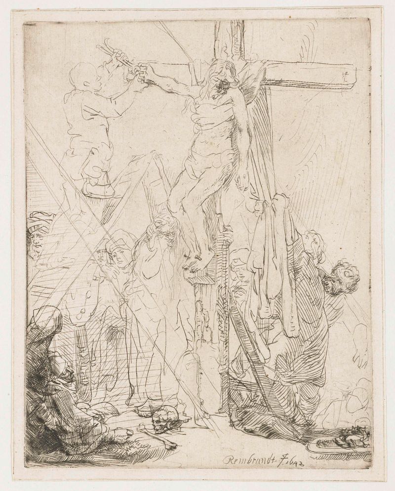 Grabado de Rembrandt van Rijn que muestra figuras contorneadas y tonos oscuros.