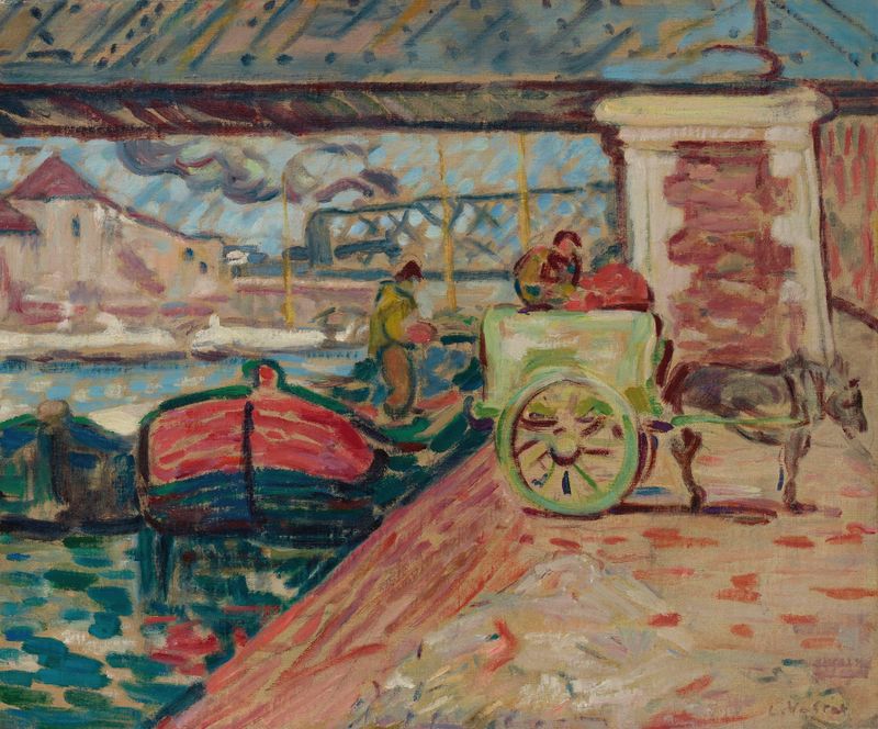 Déchargement sur les quais de Seine de Louis Valtat, retratando trabalhadores no rio, Impressionismo