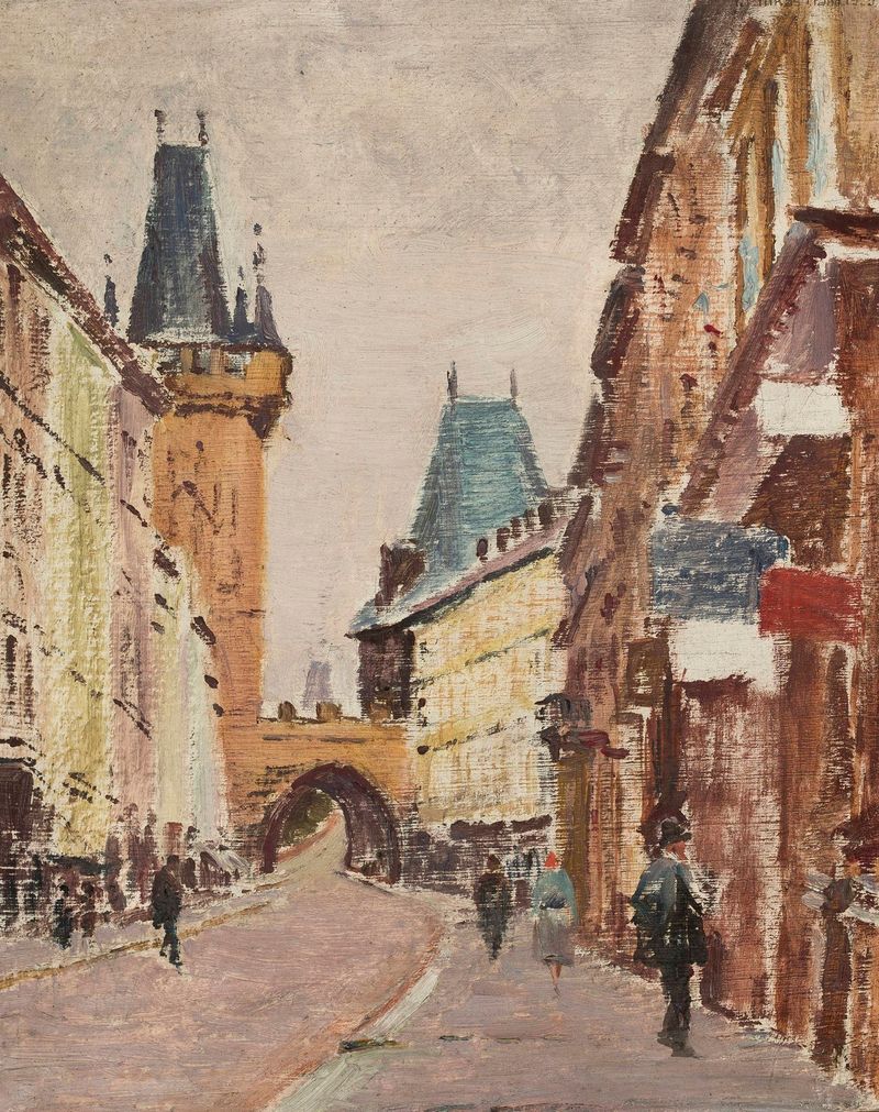 Entrada da Ponte Carlos em Praga, óleo sobre tela de Ignacy Pinkas