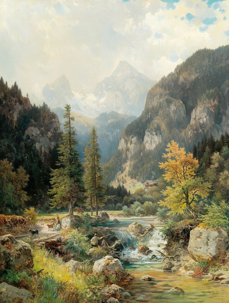 Landscape featuring Watzmann mountain and forest by Ludwig Sckell, oil painting