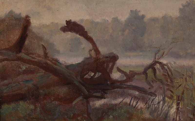 óleo sobre tela de Jozef Chelmonski retratando árvores arrancadas em uma floresta