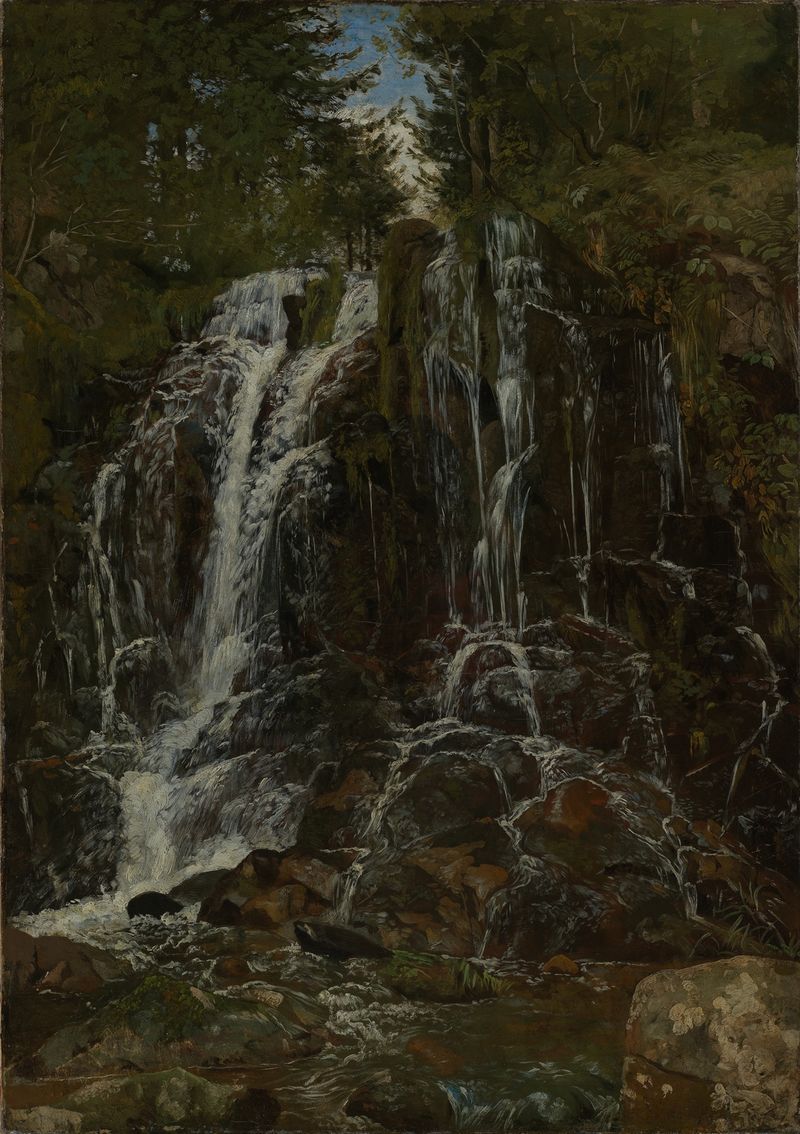 Wasserfall bei St.Blasien de Hans Thoma, óleo de una cascada vibrante en un paisaje exuberante.