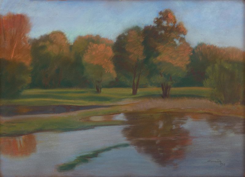 Twilight landscape with warm hues, oil painting by Andrej Kováčik