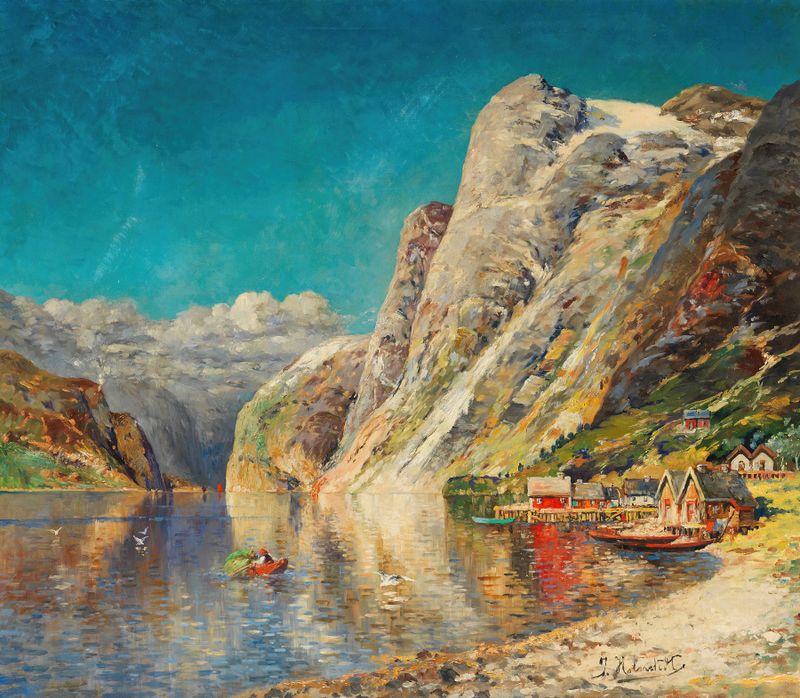 Sommer am Norwegischen Fjord de Karl Kaufmann, óleo sobre lienzo que representa un paisaje sereno de fiordo.