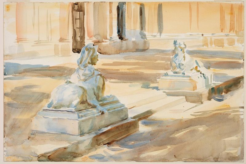 The Terrace at La Granja by John Singer Sargent, oil painting depicting elegantly dressed figures in a garden.