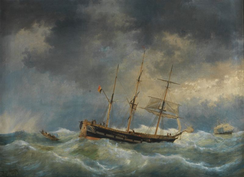 Three-masted bark in stormy sea, oil on canvas by Egide Linnig