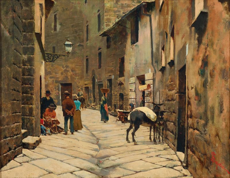 Paisagem de Piancastagnaio por Telemaco Signorini, pintura a óleo mostrando um vilarejo e colinas.