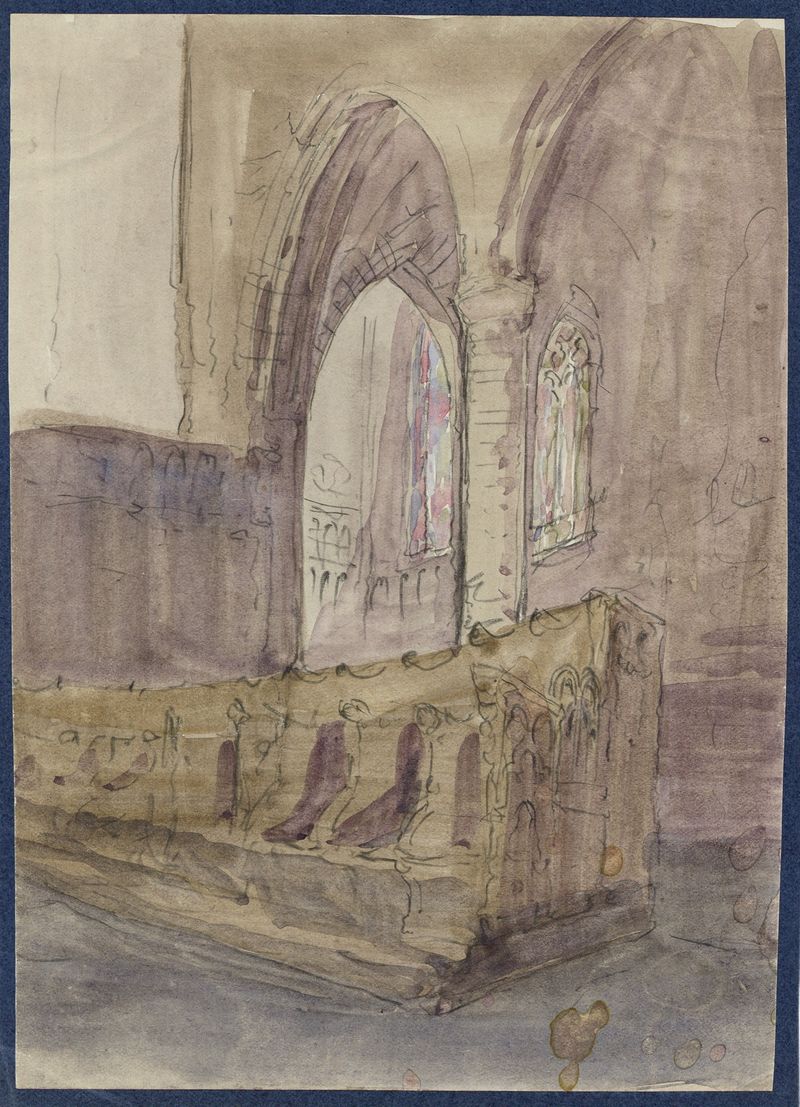 Cena interior com arcos em ruínas, óleo sobre tela de Alfred Ost