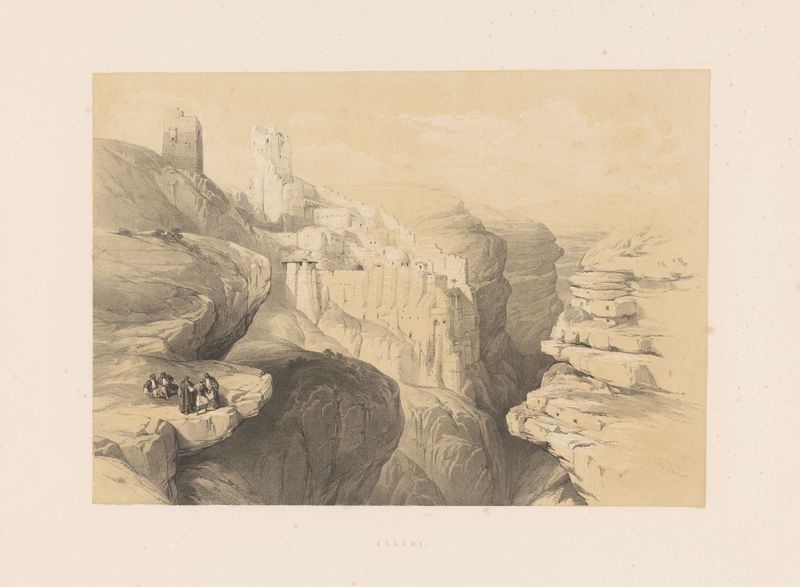 Engedi de François Stroobant, pintura al óleo que representa un paisaje rocoso con luz y sombra.