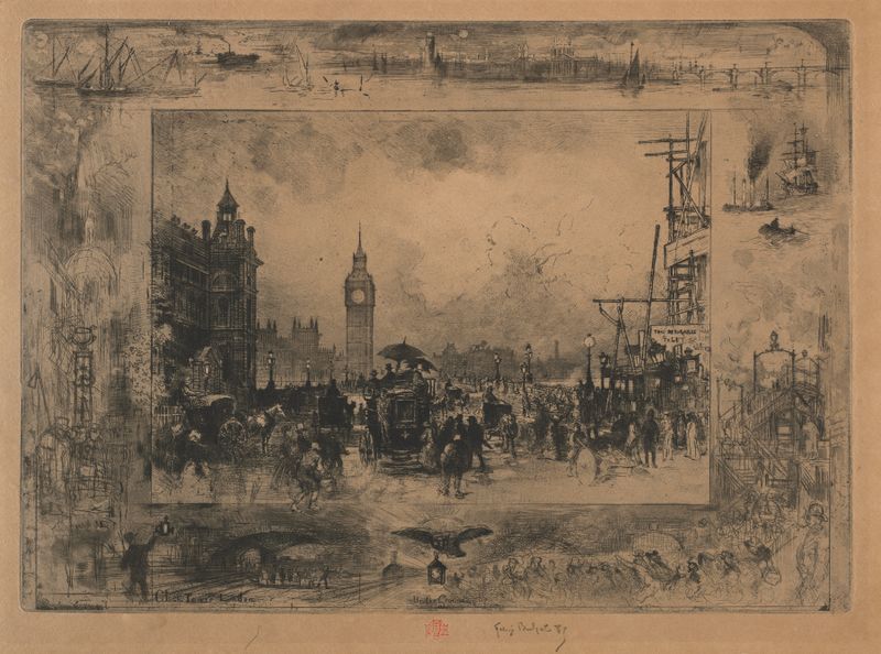 Watercolour by Félix Hilaire Buhot depicting Westminster Tower and the river Thames