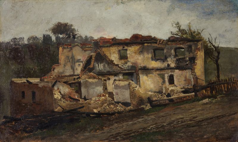Casa Destruida de Peter Burnitz, pintura al óleo que muestra ruinas y sombras.