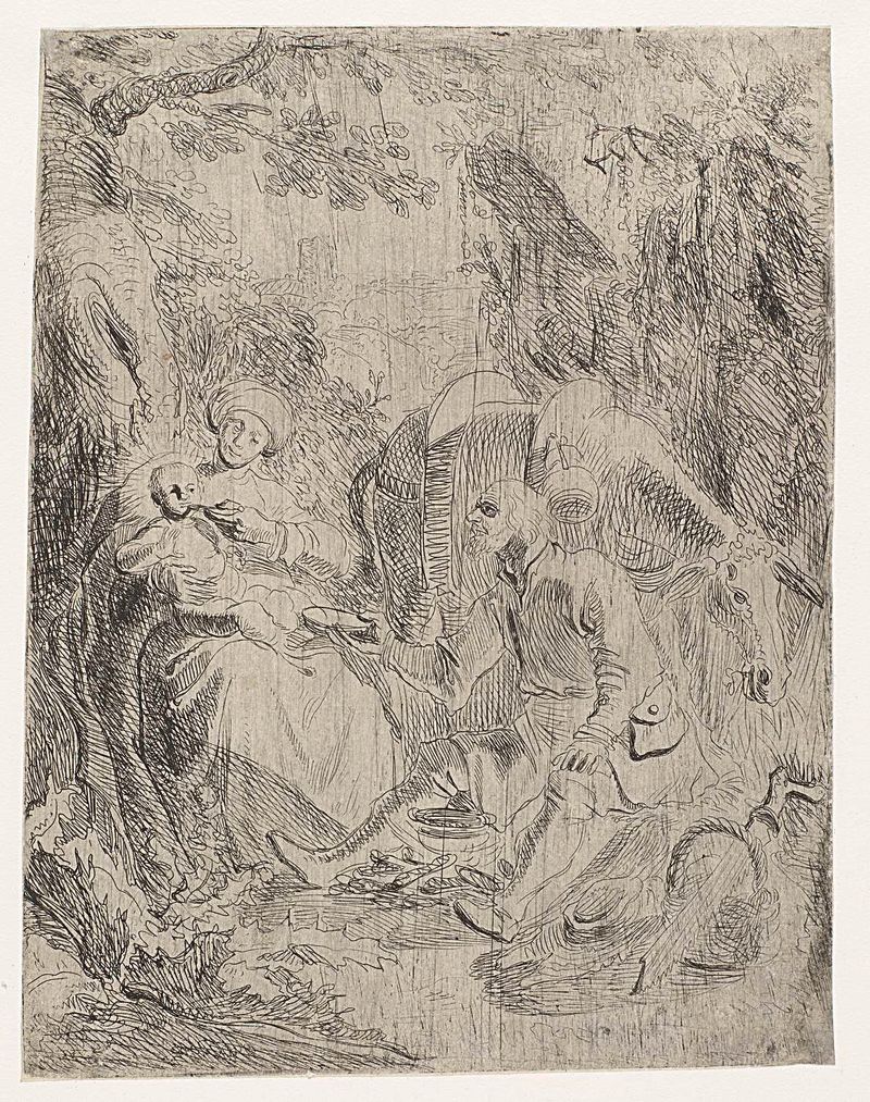 O descanso na fuga para o Egito, gravura de Rembrandt van Rijn, mostrando a Sagrada Família descansando.