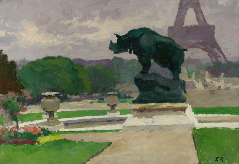Botanical scene featuring vibrant flowers and a rhino by Ernest Jules Renoux, impressionism