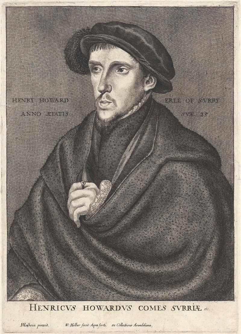 Grabado de Henry Howard, graaf van Surrey de Wenceslaus Hollar, con detalles intrincados de vestimenta.