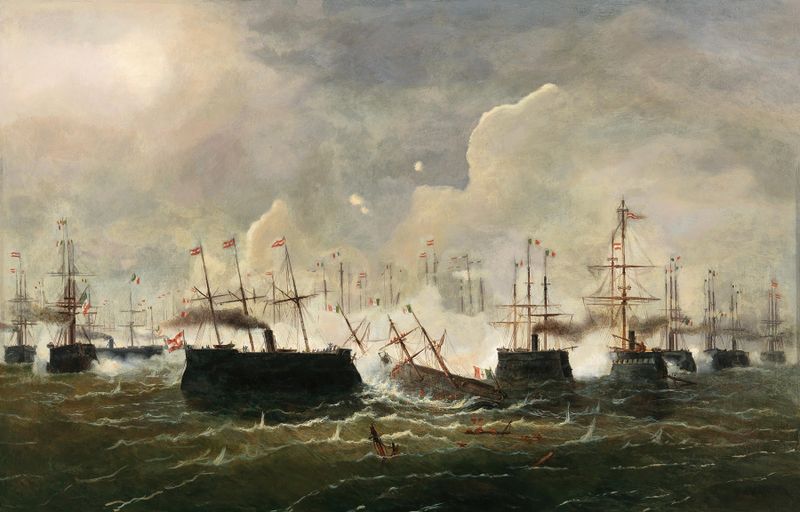 Naval battle scene with ships and cannon fire, oil painting by Josef Carl Berthold Püttner