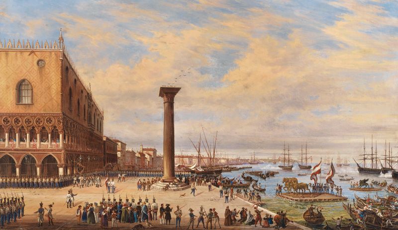 Oil on canvas by Giovanni Grubas depicting the Quadriga of St. Mark in Venice.