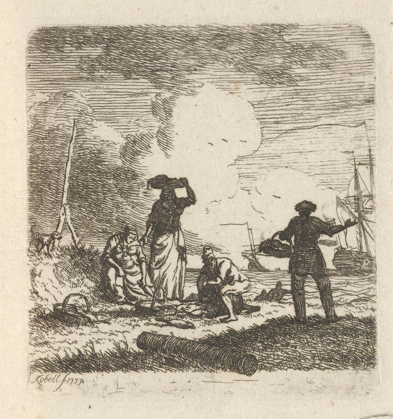 Fishermen casting nets at the beach, etching by Hendrik Kobell
