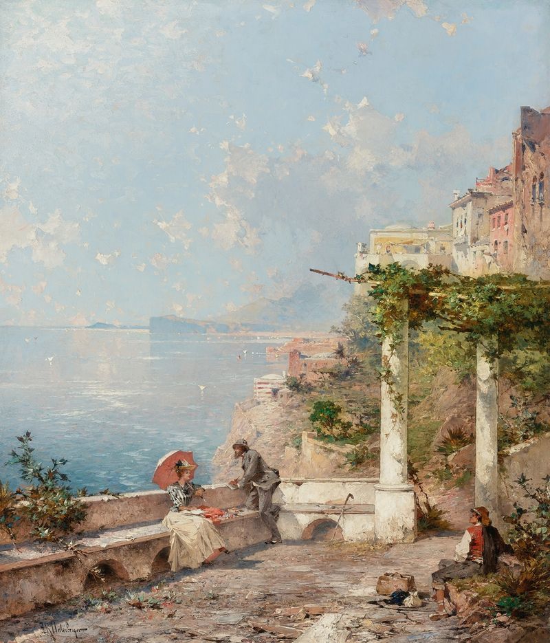 Escena marina de Sorrento, óleo de Franz Richard Unterberger