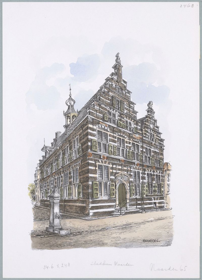 Stadhuis Naarden by Bob Brobbel, oil painting depicting a town hall against a stormy sky