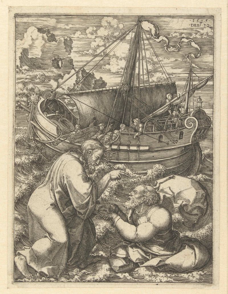 Engraving by Dirck Vellert depicting Christ reaching out to Peter.